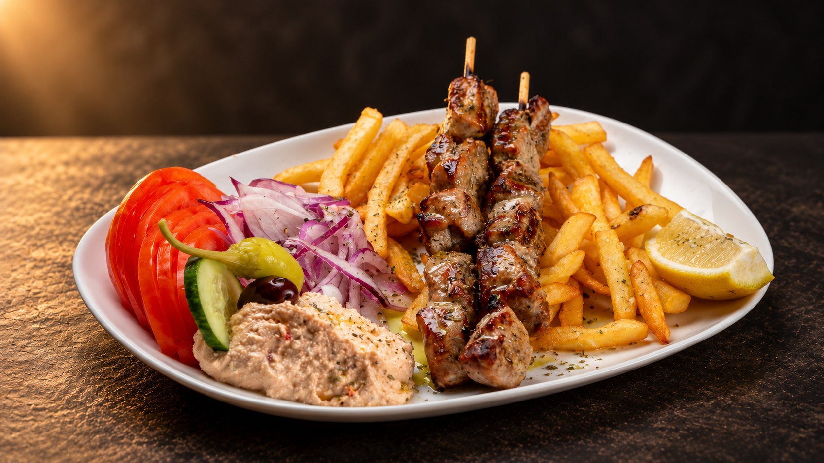 Souvlaki Teller mit Pommes, Tomate, Zwiebeln und Tzatziki