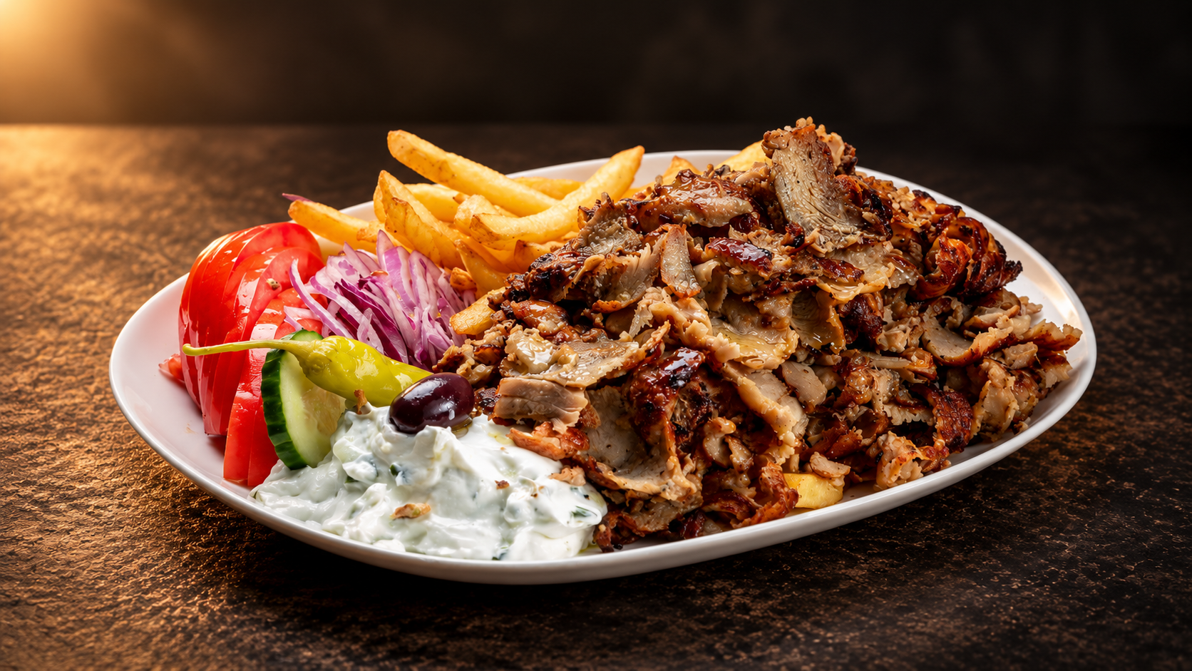 Gyros Teller mit Pommes, Tomate, Zwiebeln und Tzatziki